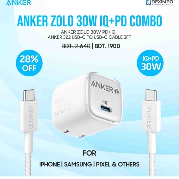 "Anker Zolo 30W PD+IQ Charger Combo – Fast Charging, Compact, and Stylish Design"