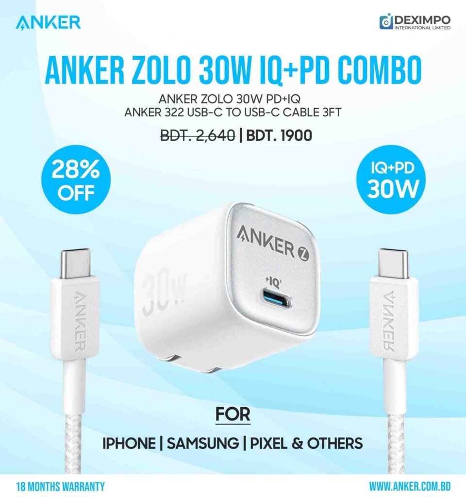 "Anker Zolo 30W PD+IQ Charger Combo – Fast Charging, Compact, and Stylish Design"