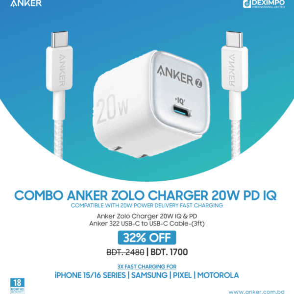 "Anker Zolo Charger 20W PD Combo – Compact, Portable, Fast Charging, IQ Technology"