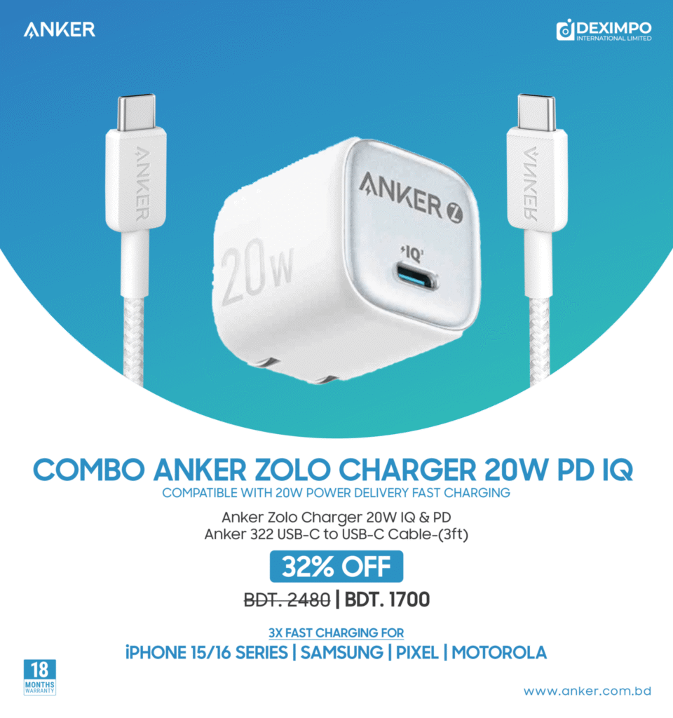 "Anker Zolo Charger 20W PD Combo – Compact, Portable, Fast Charging, IQ Technology"